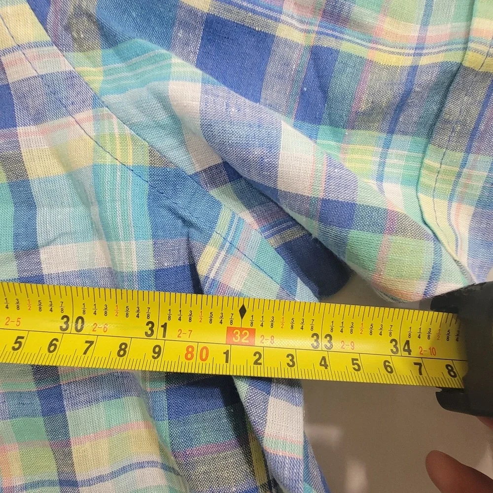 NEW Izod Mens 4XB Madras Woven Florida Key S/S Button Down Multi Plaid Linen Ble